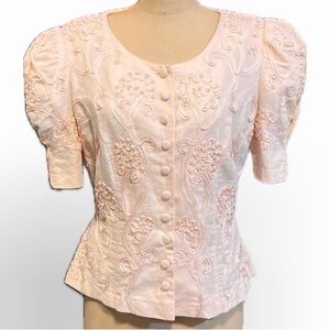 VINTAGE 80s puff sleeve‎ cinched corset waist bodice blouse Victorian pearl bead